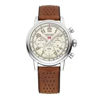 Montre MILLE MIGLIA CHRONOGRAPH RATICOSA Bracelet veau perforé brun doublé caoutchouc pneu Dunlop, Boucle ardillon, Cadran beige chiffres arabes, Edition limitée 500 exemplaires