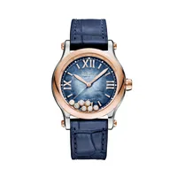 Montre HAPPY SPORT 36mm Automatique Bracelet alligator, Boucle ardillon acier, Cadran nacre bleue en dégradé