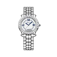 Montre HAPPY SPORT The First lunette sertie diamants Quartz, Bracelet "galet" acier, Cadran argenté grainé chiffres romains