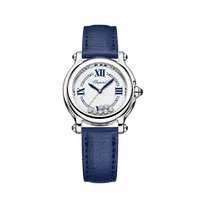 Montre HAPPY SPORT The First Quartz, Bracelet veau grainé bleu, Boucle ardillon, Cadran argenté grainé chiffres romains