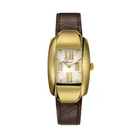 Montre LA STRADA Bracelet alligator marron, Boucle en or, Cadran nacre 4 chiffres romains