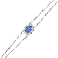 Bracelet Saphir Bleu ovale entourage serti diamants Chaîne double 14-15-16 cm
