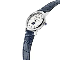 Montre CLASSICS Slimline Ladies Moonphase Bracelet veau bleu croco, Boucle ardillon, Cadran nacre blanche index diamants
