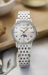Montre CLASSICS Slimline Ladies Moonphase Bracelet veau bleu croco, Boucle ardillon, Cadran nacre blanche index diamants