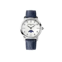 Montre CLASSICS Slimline Ladies Moonphase Bracelet veau bleu croco, Boucle ardillon, Cadran nacre blanche index diamants