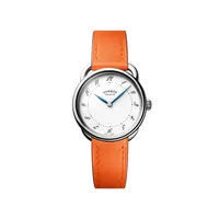 Montre ARCEAU Moyen Modèle, Bracelet veau Swift orange ST interchangeable, Boucle ardillon, Cadran laqué blanc