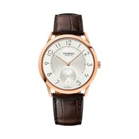 Montre SLIM D'HERMES GM Bracelet alligator havane mat, Boucle ardillon en or rose, Cadran argenté opalin