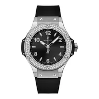 Montre BIG BANG STEEL DIAMONDS Bracelet caoutchouc noir ligné, Boucle déployante, Cadran noir mat, Mouvement quartz