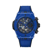 Montre BIG BANG UNICO BLUE MAGIC n°397/500 Bracelet caoutchouc structuré et ligné bleu, Boucle déployante céramique noire et titane plaqué noir, Cadran squeletté bleu mat