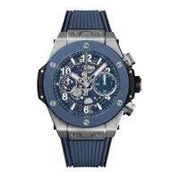 Montre BIG BANG UNICO TITANIUM BLUE CERAMIC Bracelet caoutchouc structuré noir et ligné bleu, Boucle déployante titane, Cadran squeletté bleu mat