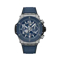 Montre BIG BANG UNICO TITANIUM BLUE CERAMIC Bracelet caoutchouc structuré noir et ligné bleu, Boucle déployante titane, Cadran squeletté bleu mat
