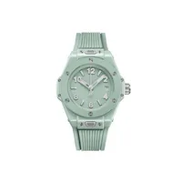 Montre BIG BANG MINT GREEN CERAMIC, Bracelet caoutchouc structuré et ligné vert menthe, Boucle déployante acier, Cadran vert menthe brillant