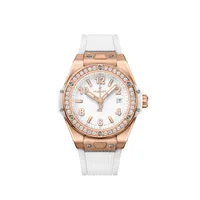 Montre BIG BANG ONE CLICK KING GOLD DIAMONDS Bracelet caotuchouc structuré et ligné blanc, Boucle déployante King Gold rose, Cadran blanc mat
