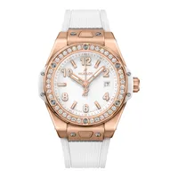Montre BIG BANG ONE CLICK KING GOLD DIAMONDS Bracelet caotuchouc structuré et ligné blanc, Boucle déployante King Gold rose, Cadran blanc mat