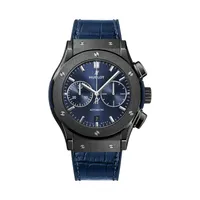 Montre CLASSIC FUSION CERAMIC BLUE CHRONOGRAPH Bracelet caoutchouc et alligator bleu, Boucle déployante acier plaqué noir, Cadran soleillé bleu satiné