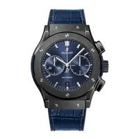 Montre CLASSIC FUSION CERAMIC BLUE CHRONOGRAPH Bracelet caoutchouc et alligator bleu, Boucle déployante acier plaqué noir, Cadran soleillé bleu satiné