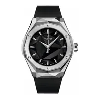 Montre CLASSIC FUSION ORLINSKI TITANIUM Bracelet caoutchouc lisse noir, Boucle déployante acier, Cadran noir facetté poli