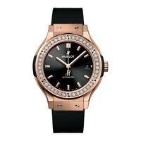 Montre CLASSIC FUSION KING GOLD lunette diamants Bracelet caoutchouc ligné noir, Boucle déployante en King Gold et acier fin traité PVD noir, Cadran noir mat