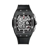 Montre SPIRIT OF BIG BANG BLACK MAGIC Bracelet en caoutchouc structuré et ligné noir, Boucle déployante titane plaqué noir, Cadran en saphir