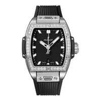 Montre SPIRIT OF BIG BANG STEEL DIAMONDS Bracelet caoutchouc structuré et ligné noir, Boucle déployante, Cadran noir mat