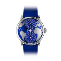 Montre THE WORLD IS YOURS Dualtime, Bracelet alligator bleu, Boucle ardillon, Cadran PVD bleu avec continents gravés au rhodium