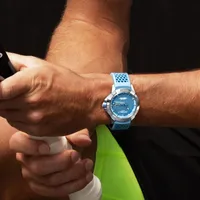Montre EPIC X SPORT Electric blue, Bracelet caoutchouc nid d'abeille bleu clair, Boucle ardillon en acier, Cadran bleu clair motif diamant