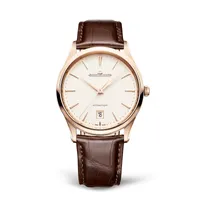 Montre MASTER ULTRA THIN Date Bracelet alligator marron, Boucle ardillon or rose, Cadran beige coquille d’oeuf