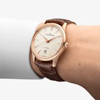 Montre MASTER ULTRA THIN Date Bracelet alligator marron, Boucle ardillon or rose, Cadran beige coquille d’oeuf