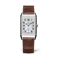 Montre REVERSO CLASSIC Medium Small Second Bracelet veau brun Fagliano, Boucle ardillon, Cadran argenté guilloché et brossé vertical