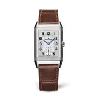 Montre REVERSO CLASSIC Medium Duoface Small Second Bracelet cuir brun Fagliano, Boucle déployante, Cadrans argenté guilloché brossé vertical et noir satiné et Clous de Paris
