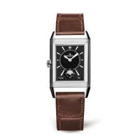 Montre REVERSO CLASSIC Medium Duoface Small Second Bracelet cuir brun Fagliano, Boucle déployante, Cadrans argenté guilloché brossé vertical et noir satiné et Clous de Paris