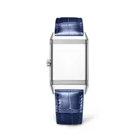 Montre REVERSO CLASSIC Medium Thin Quartz Bracelet alligator bleu, Boucle ardillon, Cadran argenté