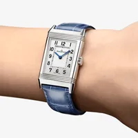 Montre REVERSO CLASSIC Medium Thin Quartz Bracelet alligator bleu, Boucle ardillon, Cadran argenté