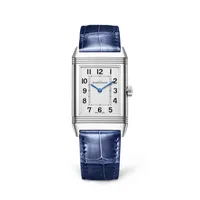Montre REVERSO CLASSIC Medium Thin Quartz Bracelet alligator bleu, Boucle ardillon, Cadran argenté
