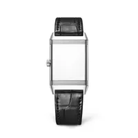 Montre REVERSO CLASSIC Medium Thin Bracelet alligator noir, Boucle déployante, Cadran argenté satiné vertical et guilloché