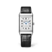 Montre REVERSO CLASSIC Medium Thin Bracelet alligator noir, Boucle déployante, Cadran argenté satiné vertical et guilloché