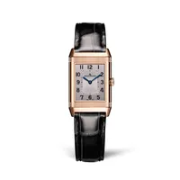 Montre REVERSO CLASSIC Small Duetto Bracelet alligator noir, Boucle déployante, Cadrans argenté guilloché et noir guilloché et soleillé