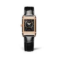 Montre REVERSO CLASSIC Small Duetto Bracelet alligator noir, Boucle déployante, Cadrans argenté guilloché et noir guilloché et soleillé