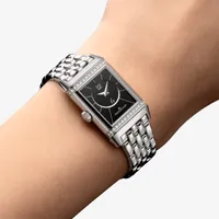 Montre REVERSO CLASSIC Small Duetto Bracelet acier, Cadrans argenté guilloché, brossé vertical et noir guilloché et soléillé
