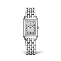 Montre REVERSO CLASSIC Small Duetto Bracelet acier, Cadrans argenté guilloché, brossé vertical et noir guilloché et soléillé