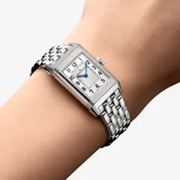 Montre REVERSO CLASSIC Small Duetto Bracelet acier, Cadrans argenté guilloché, brossé vertical et noir guilloché et soléillé