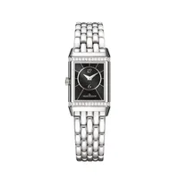Montre REVERSO CLASSIC Small Duetto Bracelet acier, Cadrans argenté guilloché, brossé vertical et noir guilloché et soléillé