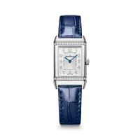 Montre REVERSO CLASSIC Small Duetto, Bracelet alligator bleu, Boucle déployante, Cadrans argenté guilloché, satiné vertical et bleu guilloché et soléillé