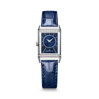 Montre REVERSO CLASSIC Small Duetto, Bracelet alligator bleu, Boucle déployante, Cadrans argenté guilloché, satiné vertical et bleu guilloché et soléillé