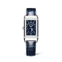 Montre REVERSO ONE Duetto Moon Bracelet crocodile bleu brillant, Boucle déployante, Cadrans argenté guilloché soleillé et bleu nuit pailleté