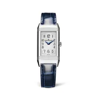 Montre REVERSO ONE Duetto Moon Bracelet crocodile bleu brillant, Boucle déployante, Cadrans argenté guilloché soleillé et bleu nuit pailleté
