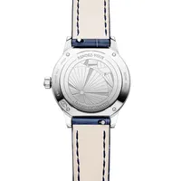 Montre RENDEZ-VOUS Date Small Quartz lunette sertie diamants, Bracelet alligator bleu, Boucle ardillon, Cadran argenté guilloché