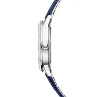 Montre RENDEZ-VOUS Date Small Quartz lunette sertie diamants, Bracelet alligator bleu, Boucle ardillon, Cadran argenté guilloché