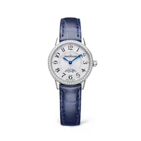 Montre RENDEZ-VOUS Date Small Quartz lunette sertie diamants, Bracelet alligator bleu, Boucle ardillon, Cadran argenté guilloché