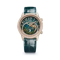 Montre RENDEZ-VOUS SONATINA "La Grue" sertie de diamants n°10/10, Bracelet alligator vert, Boucle déployante or rose, Cadran décoré La Grue